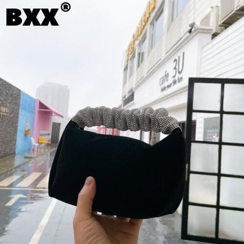 [BXX] Ladies Vintage Black Velvet Bags For Women 2021 Fashion Branded Rhinestone Hand Bag Lady Trend Handbags and Purses CB226