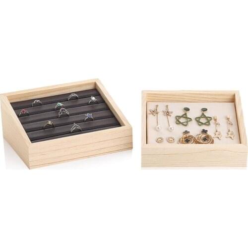 Wood Velvet Ring Earrings Organizer Ear Studs Jewelry Display Stand Holder Rack Showcase Plate Fashion Jewelry Box Case Casket