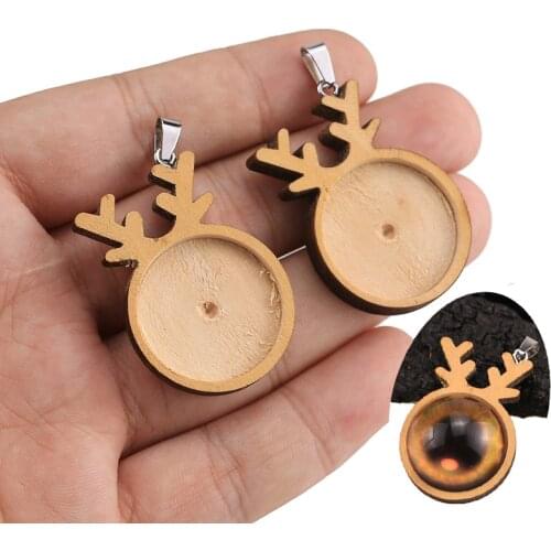 10pcs/lot Fit 25mm Dia Christmas Elk Wood Cabochon Base Blank Wooden Pendant Trays Diy Jewelry Accessories for Necklace Making