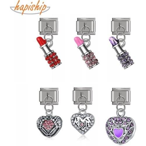 Hapiship 2021 Original Daisy Fashion Mom Heart Lipstick CZ Charm Links Fit 9mm Bracelet Stainless Steel Jewelry Making DJTop052