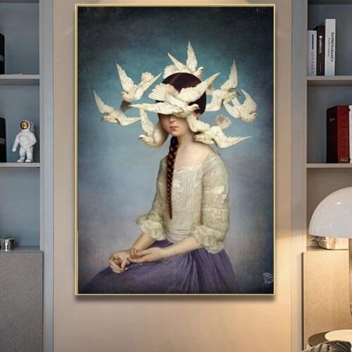 Bird of Peace Surround The Girl Canvas Paintings on The Wall Art Posters Print Nordic Art Girls Pictures for Living Room Cuadros