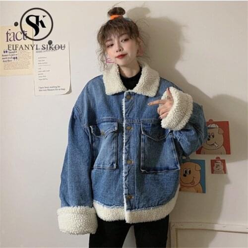 2019 Winter Women Denim Jacket Lambs Wool Coat Thick Warm Loose Outwear Fashion Jeans Jacket Women korean style Casual Jackets