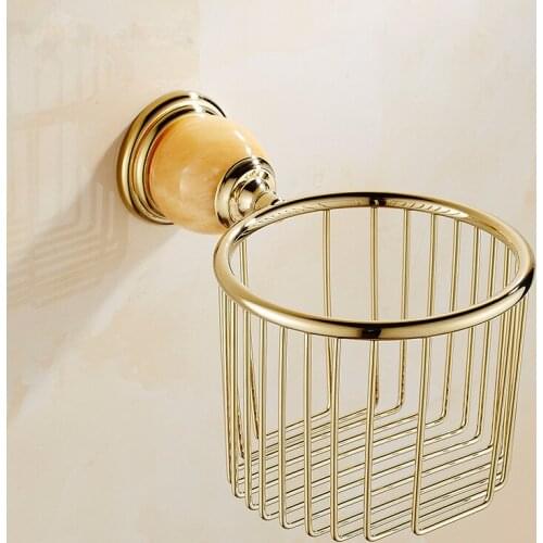 Copper Bathroom Tissue Roll Rack/Holder Paper Basket Wall Mount Solid Brass & Jade Bath Shower Shampoo Shelf Nail Punched Gold