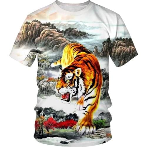Fashion summer lion pattern 3D printing mens short-sleeved T-shirt hip-hop lion tiger street clothes loose casual round neck