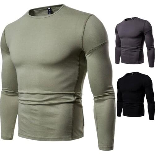 Mens T-Shirt Long Sleeve Round Neck Solid Color Pullover T-Shirt USA/EU Size Casual Slim Type Tops
