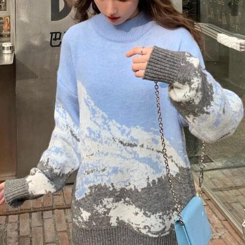 Autumn WomenS Korean Loose Harajuku Snow Mountain Print Ladies Knitted Sweater Thick Warm Knitted Pullover Women