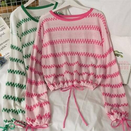 Autumn Long SleeveT Shirt Women O-Neck Casual Loose Drawstring Striped T-Shirt Female Knitted Pullover Tee Shirt Femme