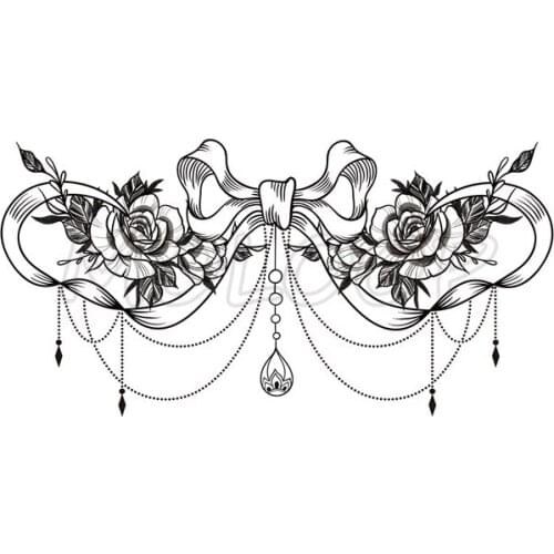 Bow-knot Rose Temporary Tattoo Stickers Diamond Necklace Chest Back Fake Tatoo Makeup Breast Art for Woman Girl