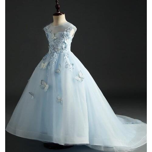 Long Trailing Girls Pageant Dress Beaded Floral Flower Girl Dresses for Wedding Girls Long Party Princess First Communion Gowns