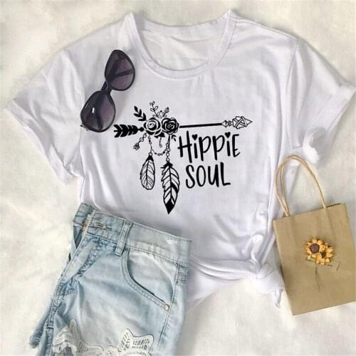 Casual Ladies Top Womens T-shirt Hippie Soul Womens T-shirt Short Sleeve Cartoon Alphabet Print O-Neck TShirt
