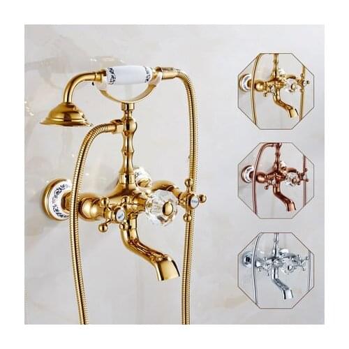 Bathtub Faucets Luxury Gold Brass Bathroom Faucet Mixer Tap Wall Mounted Hand Held Shower Head Kit Shower Faucet Sets