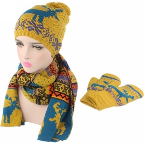 Christmas Deer Winter Knitted Hat Scarf Glove Set Unisex Women Men Warm knit Scarves Thick 3pcs Suit Christmas Present