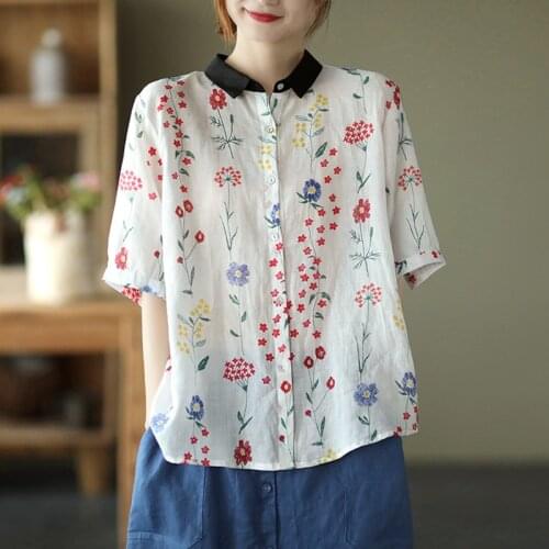 21New Women Shirts Sumemr Sweet Style Print Loose Turn-down Collar Single-Breasted Female Linen Tops Fashion