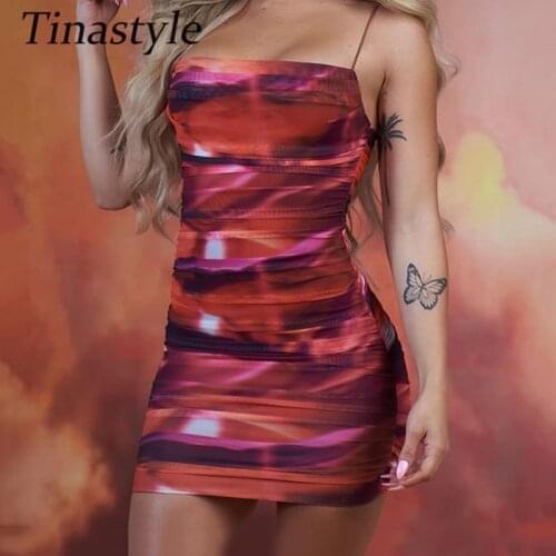 Tinastyle Tie Dry Sexy Backless Bodycon Dress For Women Sleeveless Strapless Party Summer Dresses Vestidos Elegant Ladies Dress
