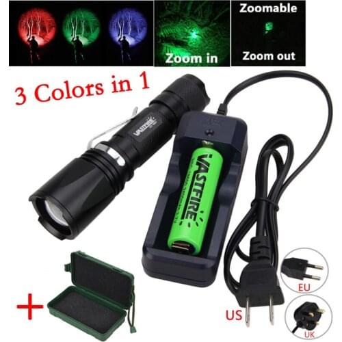 VASTFIRE Tracker Hunter Light Adjustable 3 Colors in 1 Green Red UV Light 3X XPE LED Zoomable Night Vision Hunting Flashlight