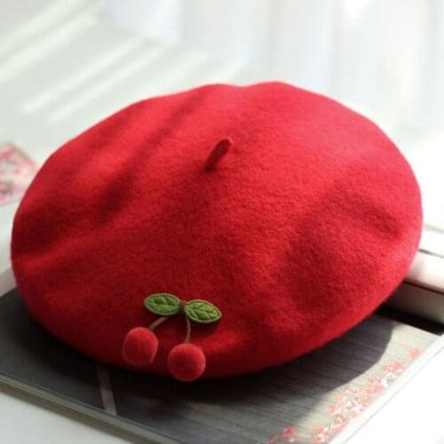 Womens Berets Vintage Style Handmade Cherry Wool Beret Sweet Ladylike Solid Color Cap Painter Cozy Warm Berets