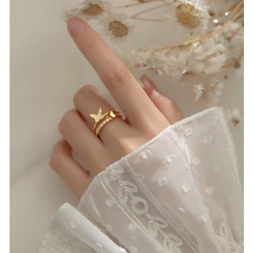 Real 925 Sterling Silver Dainty Zircon Butterfly Open Rings Double Layered Butterflies Adjustable Ring Fine Jewelry for Women