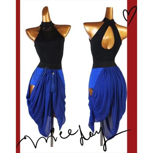 Women Latin Dance Dress Ladies blue black Dance Dress Flamengo Tango Dress Rumba ChaCha blue Latin competition dress lq219