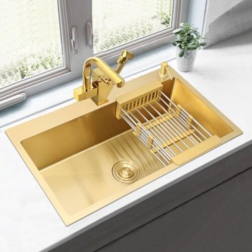 Golden Nano Sink Kitchen Handmade Luxury Above Counter 304 Stainless Steel Sink Single Sink Basin Size Manual 1.2mm Thicken Pool