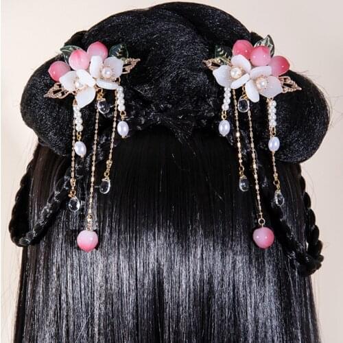 2 pcs Peach Flower Hair Clip Girl Tassel Hair Clips Hairpin HanfuTraditional Headdress Handmade Hair clip