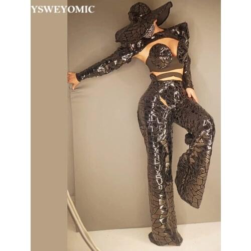 2021 Black Sequins Bra Pant Shawl Cap Outfit Set Women Dancer Singer Show Wear Bar Party Reflective Stage Performance Outfit