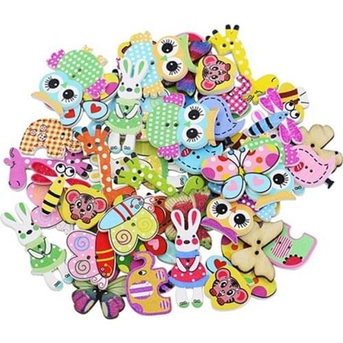 50 PCS Mixed Cartoon Painted Wooden Button DIY Buttons Sewing Scrapbooking Clothing Accessories Random