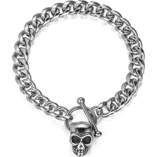 9mm Punk Gothic Skull Charm Bracelet for Men Boy Stainless Steel Curb Cuban Link Chain Ghost Head Male Jewelry 8inch 20cmDDB318