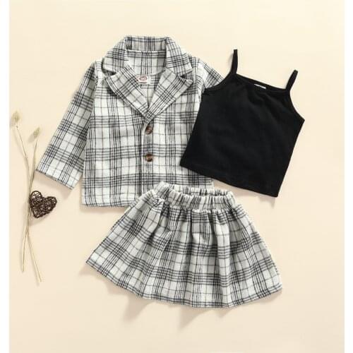 FOCUSNORM Fashion Kids Girls 3pcs Clothes Sets 2-7Y Outfits Plaid Printed Blazer Jacket Solid Strapless Vest+A-Line Skirts