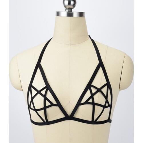 Black Pentagram Harness Elastic Cupless Bra Open Chest Bondage body cage Lingerie Fetish Wear Body Harness Crop Top harness bra