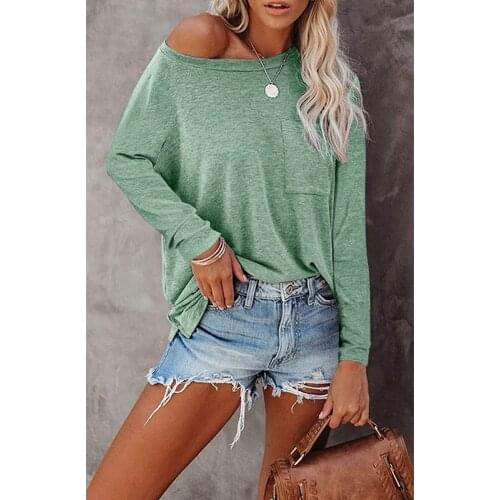 European And American Loose Round Neck Long Sleeve T-Shirt Women Solid Color Pullover Shirt With Pocket Casual Comfy Tops Hot