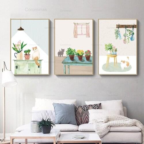 Nursery Poster Cartoon Cats Plant Home Life Wall Art Canvas Paintings Posters And Prints Home Decorative Pictures For Girls Room