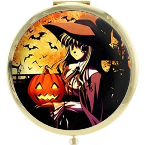 JWEIJIAO Halloween Pumpkin fairy witchcraft glass cabochon1X/2X Magnifying Round Beauty Health pocket mirror B498