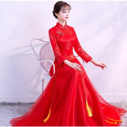 Chiese Red Women Banquet Traditional Tassel Qipao Cheongsam Formal Full Length Chiffon Shirt&Skirt Suit china dress Toast 2020
