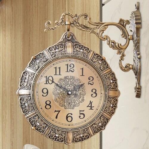 Round Wall Clock Vintage Retro Antique Double Sided Silent Luxury Metal Copper Plating Roman Numerals Watch Klok Home Decor