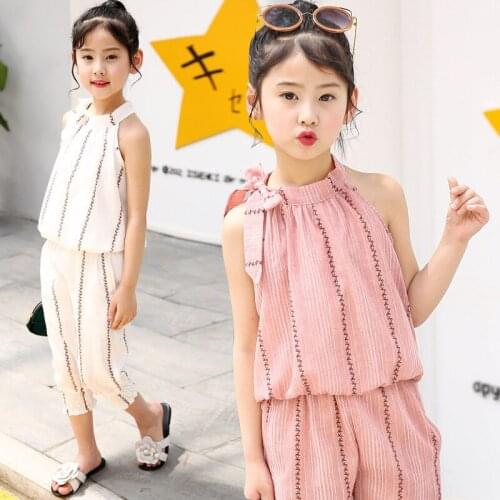 Girls' summer clothes new childrens version of vertical stripes cotton and linen two-piece tidebaby girl clothes set clothes