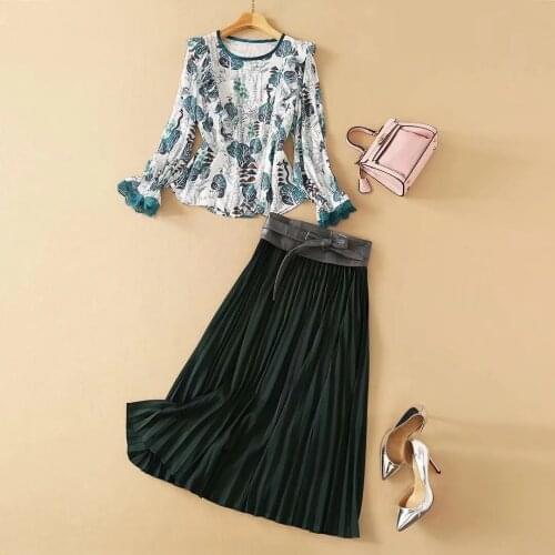 Summer 2 Pieces Spring Sets 2021 Runway Fashion Lace Patchwork Floral Print Green Blouse + Pleated Long Skirt Set