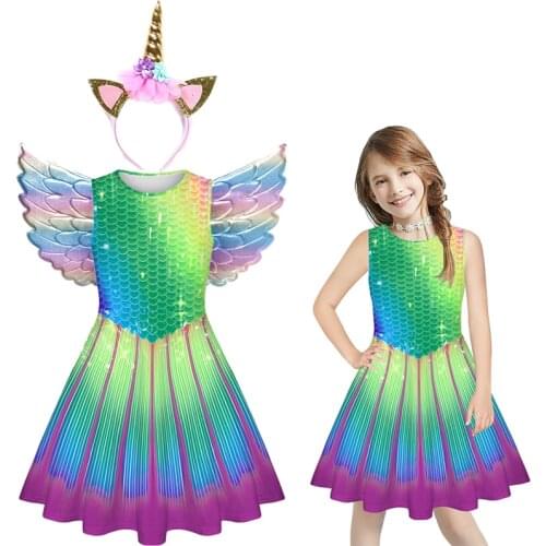 New Girls Dress Halloween Carnival Polyester Costume Princess Girls Unicorn Outfit Children With Headband Wings Clothing Dress