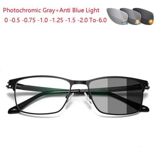 Anti Blue Light And Sun Photochromic Gray Square Prescription Eyeglasses Metal Men Power Spectacles 0 -0.5 -0.75 -1.0 To -6.0