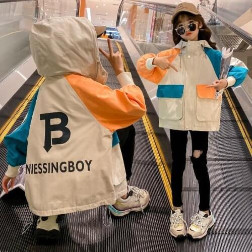 2021 Autumn New Childrens Letter Jacket Boys and Girls Baby Baby Foreign 4-12 Years Old Zipper Patchwork Jacket