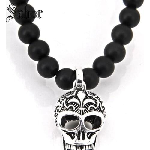 Black Obsidian Ma Beads & Lily Pattern Skulls Pendant Necklace Rebel Punk Jewelry Gift For Women & Men N92A thomas