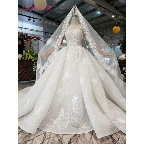 AnXin SH Luxury princess white rose flower lace beading crystal illusion boat sleeveless lace up wedding dress 100% real photo