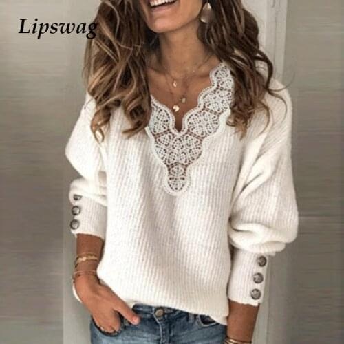 Sexy Hollow Out V Neck Lace Sweater Tops Autumn Winter Long Sleeve Knitted Sweater Casual Women Button Loose Pullover Jumper 3XL