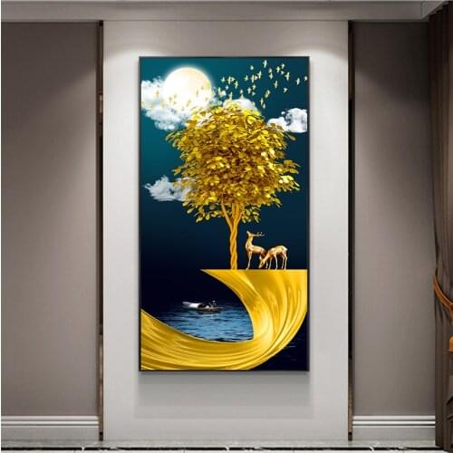 Modern Abstract Art Money Tree Under The Moonlight Canvas Painting Wall Art Pictures for Living Room Home Decor (No Frame)