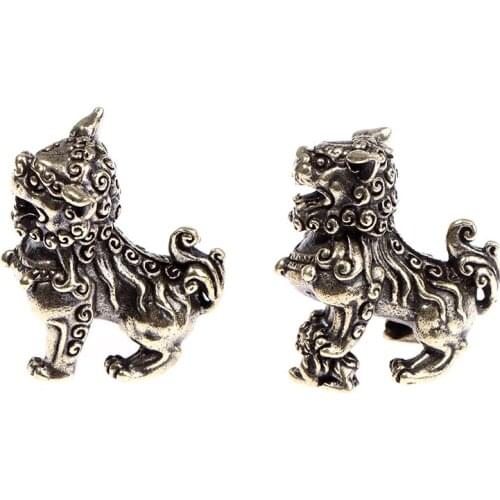 2Pc Pure Copper Lucky Lion King Figurines Antique Bronze Miniatures Desk Chinese Animals Statue Home Feng Shui Decor