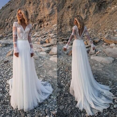 2020 Bohemian Wedding Dresses V Neck Long Sleeves Lace Appliques Bridal Gowns Beach A Line Wedding Dress Robe De Mariee
