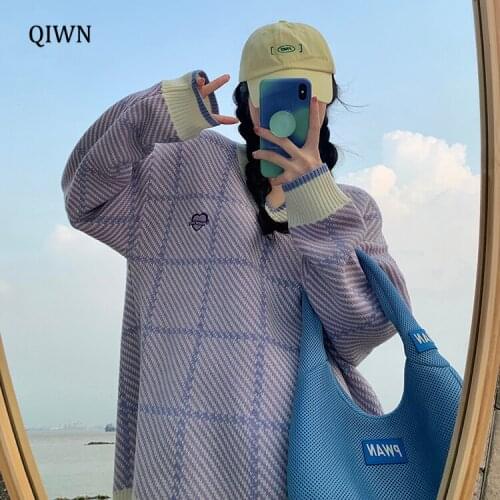 Purple Striped Knitted Sweater Women V-neck Loose Casual Harajuku Girl Long Sleeved Chic Pullover Female Comfortable Soft Tops