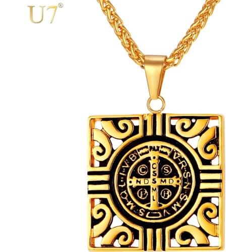 U7 Cross Pendant Necklace For Men Vintage Style Wholesale Trendy Gold Color Stainless steel Hollow Square Retro Jewelry P852