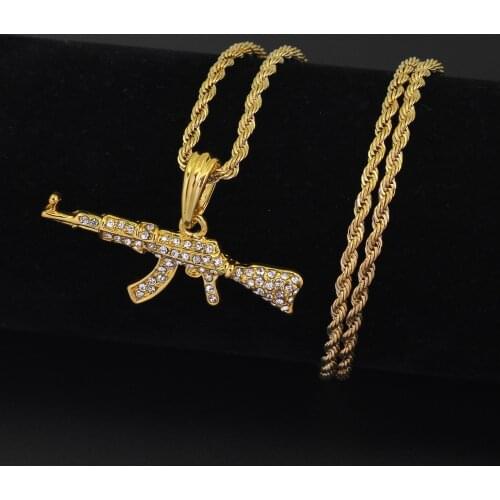 HipHop Rhinestone Paved Bling Gold Silver Color Stainless Steel Ak 47 Gun Pendants Necklace For Men Rapper Best Jewelry Choker