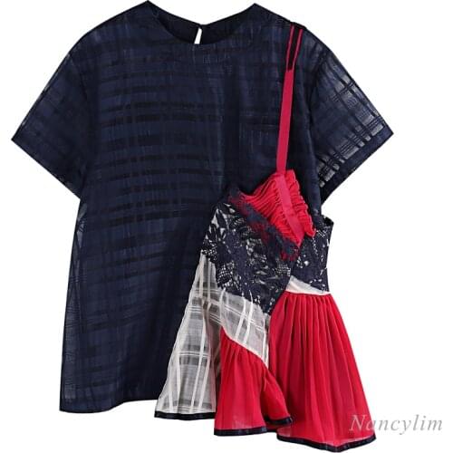 2021 Summer New Design Lace Strap Stitching Organza Irregular Short Sleeve T-shirt Female Fashion Tops Plus Size Blusas Femme