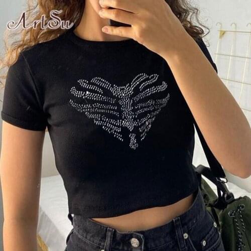 ArtSu Heart Black T Shirt Women Clothing Y2K Top Cropped Casual Rhinestone Short Sleeve Tops Summer 90s Basic Black Top T-shirt